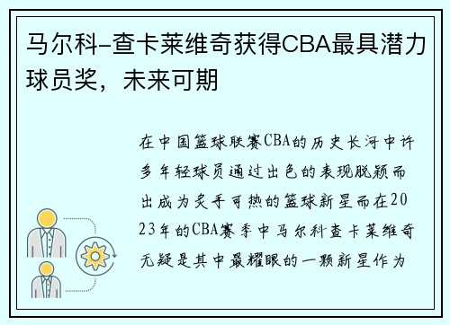 马尔科-查卡莱维奇获得CBA最具潜力球员奖，未来可期